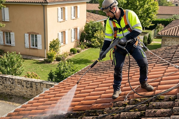 Technicien de l'entreprise Artisan Restaur-Toit appliquant un traitement anti-mousse curatif sur une toiture encrassée dans les Landes