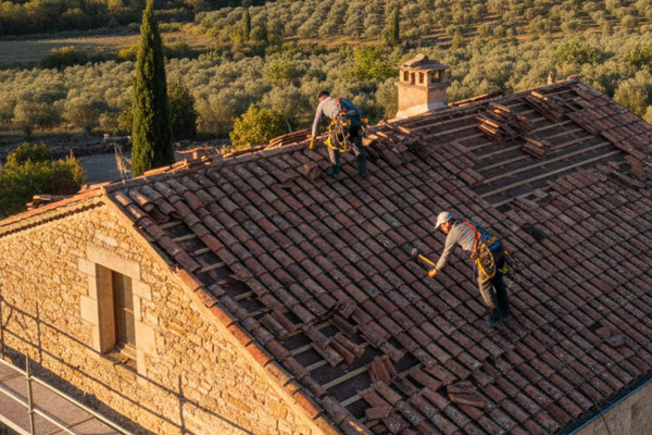 Couvreur de l'entreprise Artisan Restaur-Toit remplaçant des tuiles cassées sur une toiture résidentielle à Habas