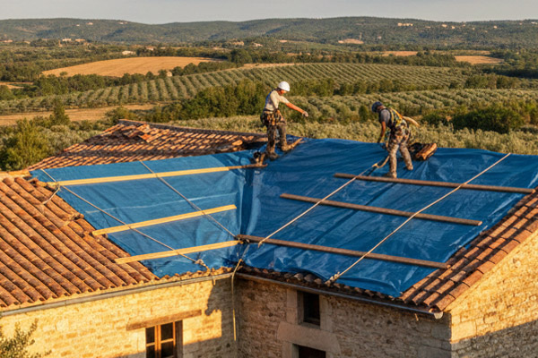 Artisan couvreur réalisant en urgence un bâchage de protection et une réparation de fuite de toit sur une maison à Habas